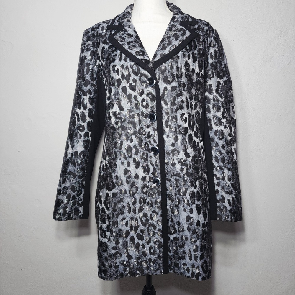 Dennis by Dennis Basso Topper Coat Womens 14 Silver Leopard Excellent Metallic